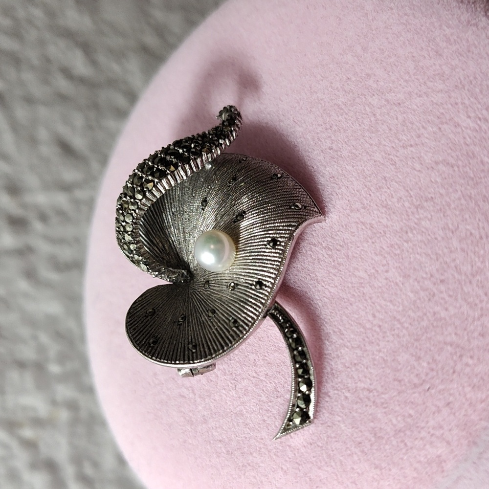 Theodore Fahrner Original Sterling Silver Marcasite FW Pearl Heart Brooch Pin - Picture 11 of 15